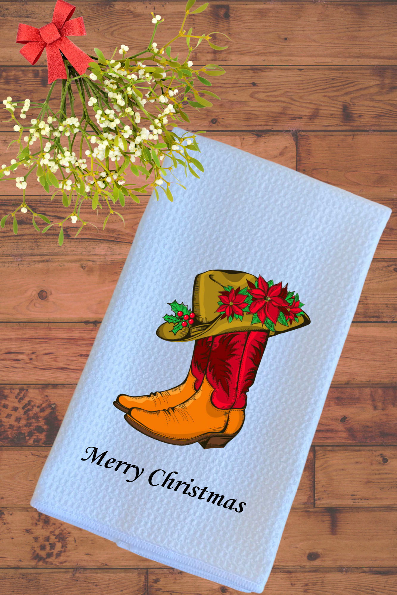 Dish Towel -Merry Christmas boots with hat