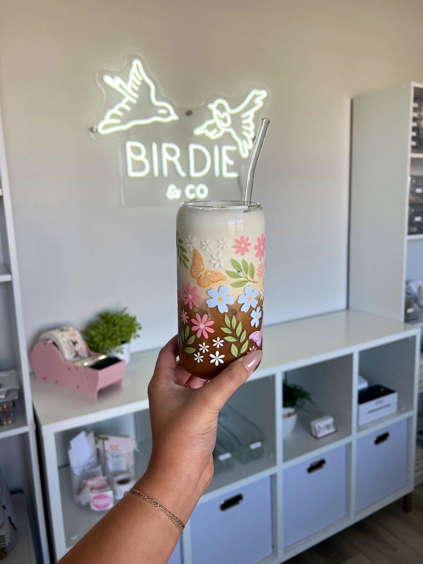 Spring garden iced coffee glass with lid & straw