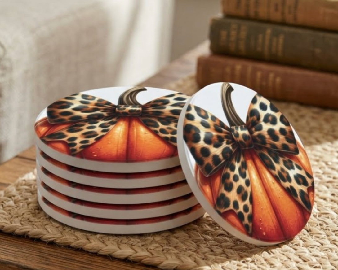 Coaster  Pumpkin with Leopard Bow