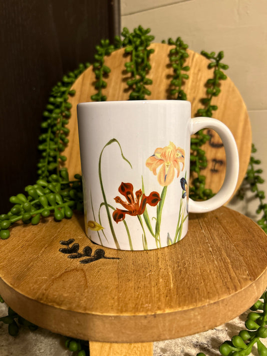 Coffee cup surrounded with flowers