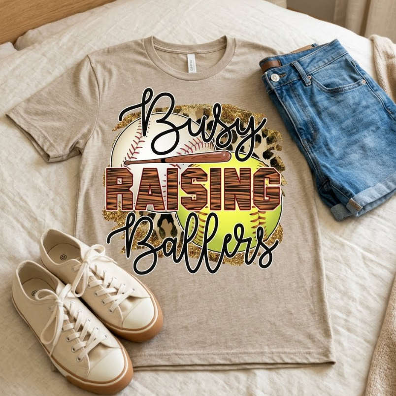 T-Shirt - Busy Raising Ballers  -Tan