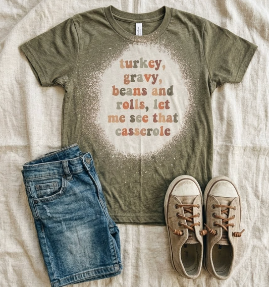 Turkey, gravy, beans and rolls, let me see that casserole