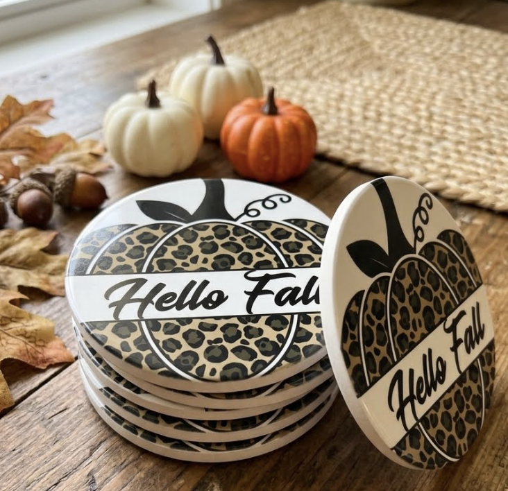 Coaster  Leopard Pumpkin with Hello Fall