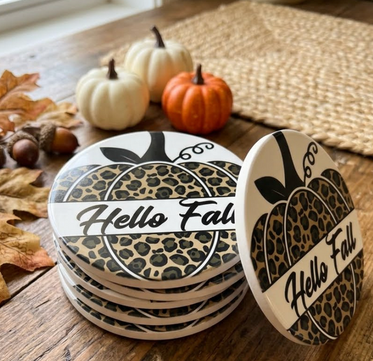 Coaster  Leopard Pumpkin with Hello Fall