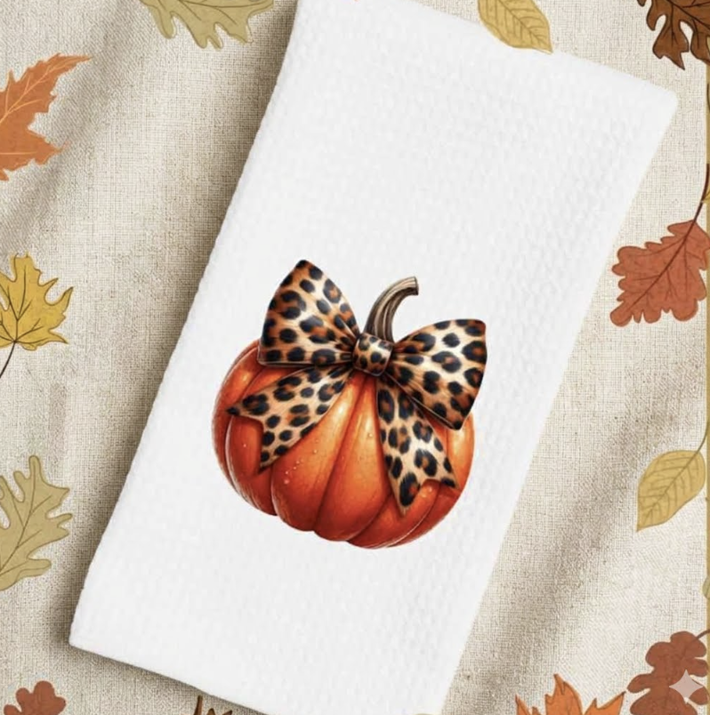 Dish/Hand Towel - Pumpkin with Leopard Bow