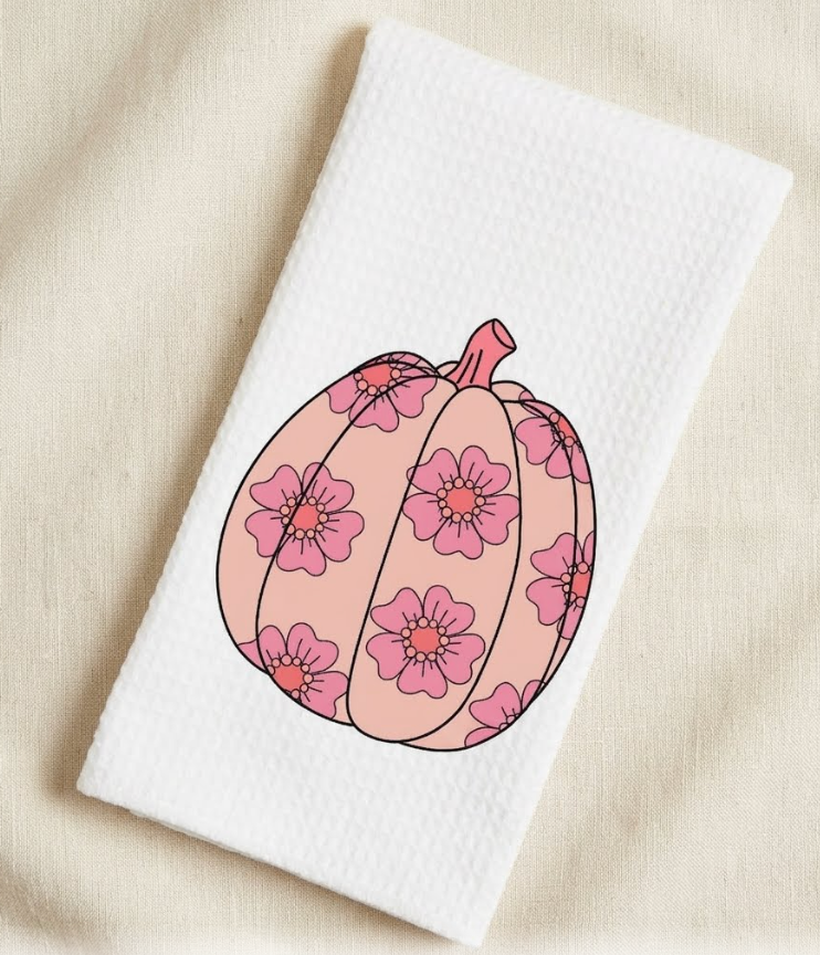 Dish/Hand Towel -Retro Style Pumpkin with flowers
