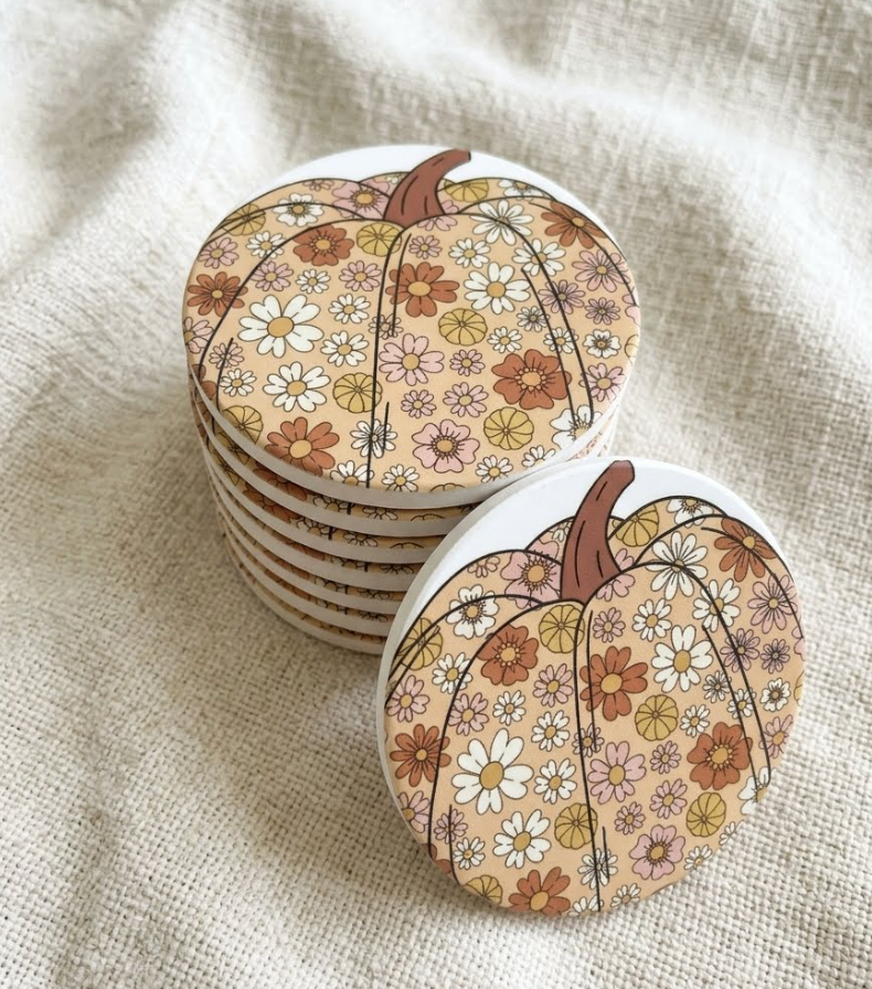 Coaster - Retro Style Pumpkin with Daisies
