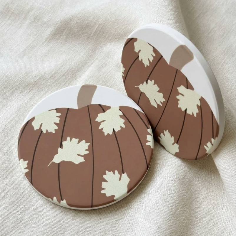 Coaster - Pumpkin in Brown with Fall Leaves