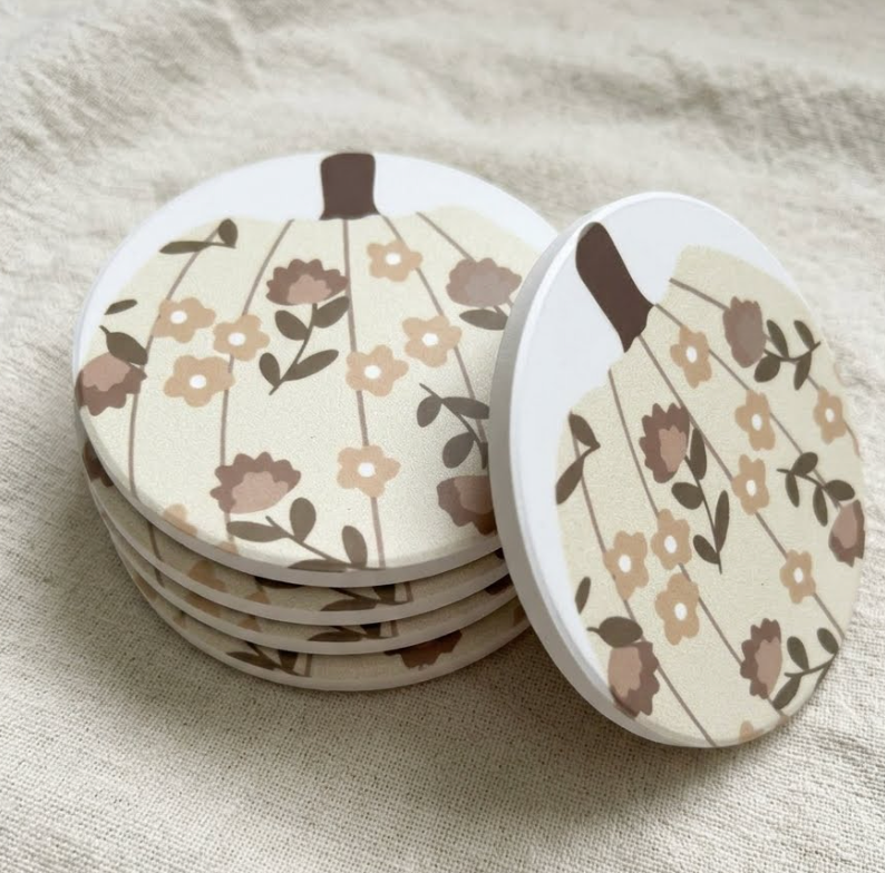 Coaster - Pumpkin with Retro Style Flowers
