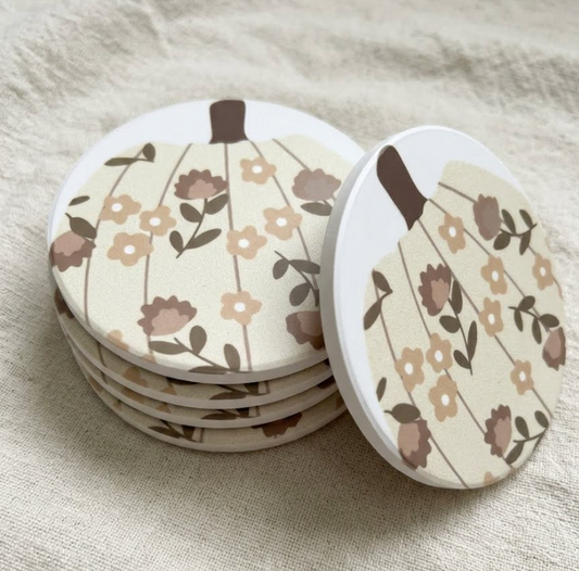 Coaster - Pumpkin with Retro Style Flowers