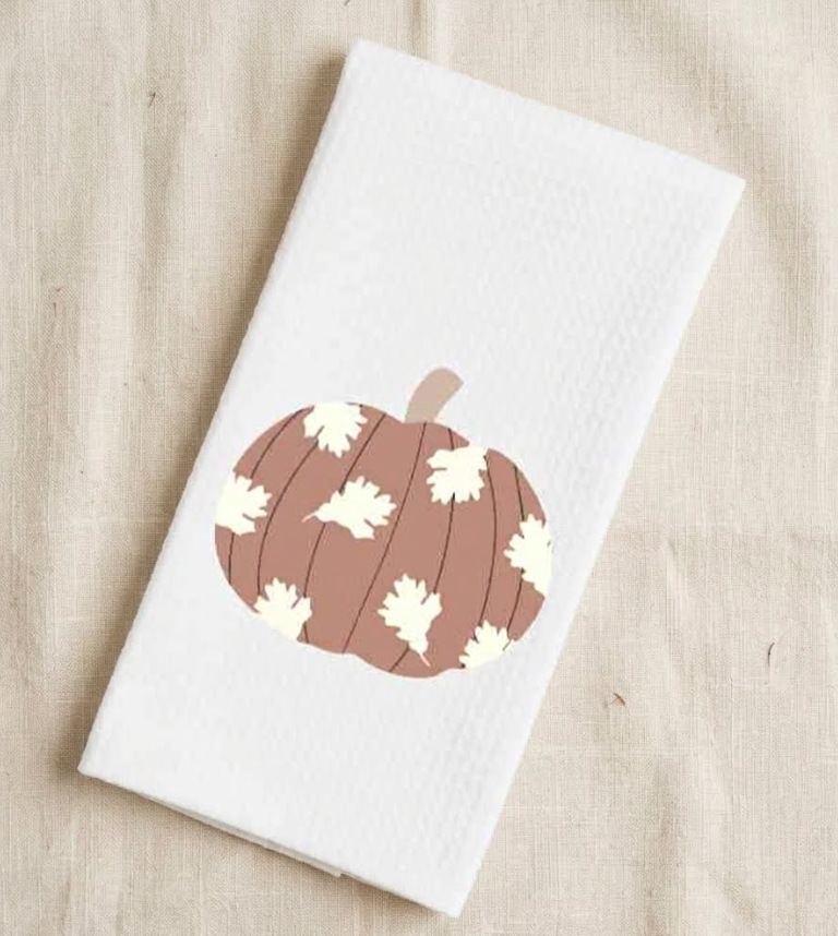 Dish/Hand Towel -Pumpkin in brown with Fall Leaves