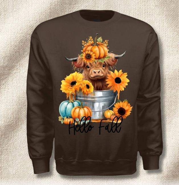 Hello Fall Highland Cow Long Sleeve
