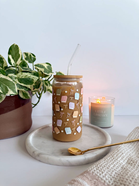 Pastel Books Iced Coffee Glass – Reusable Glass Can Cup with Book Lover Design