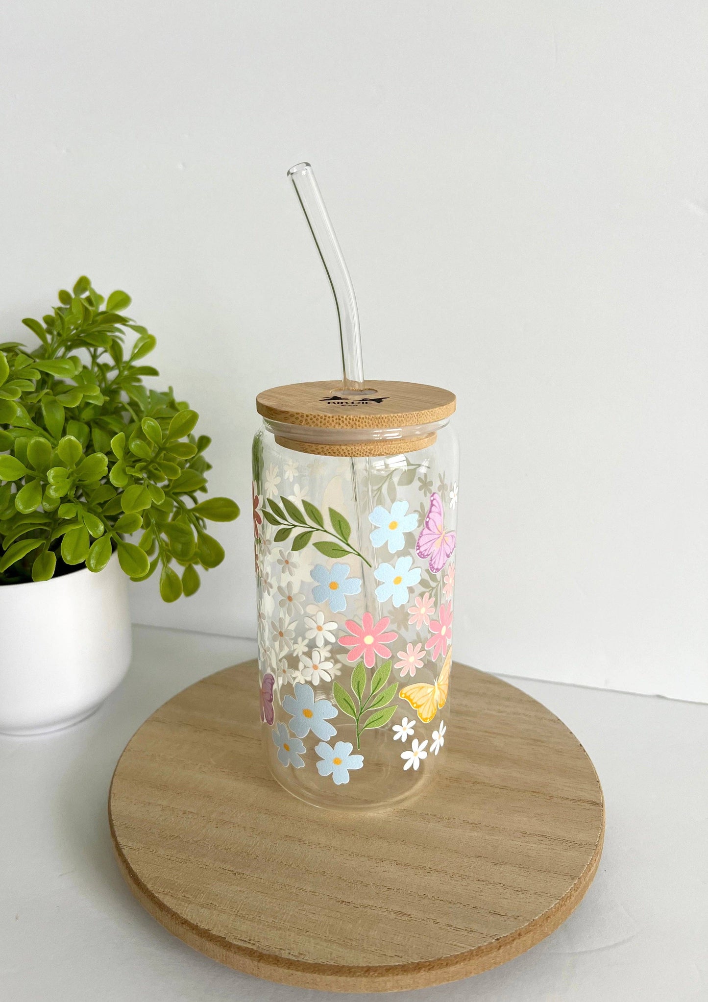 Spring garden iced coffee glass with lid & straw