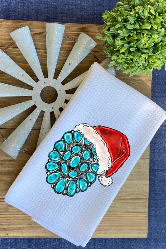 Dish Towel - Santa Hat on Turquoise Gems