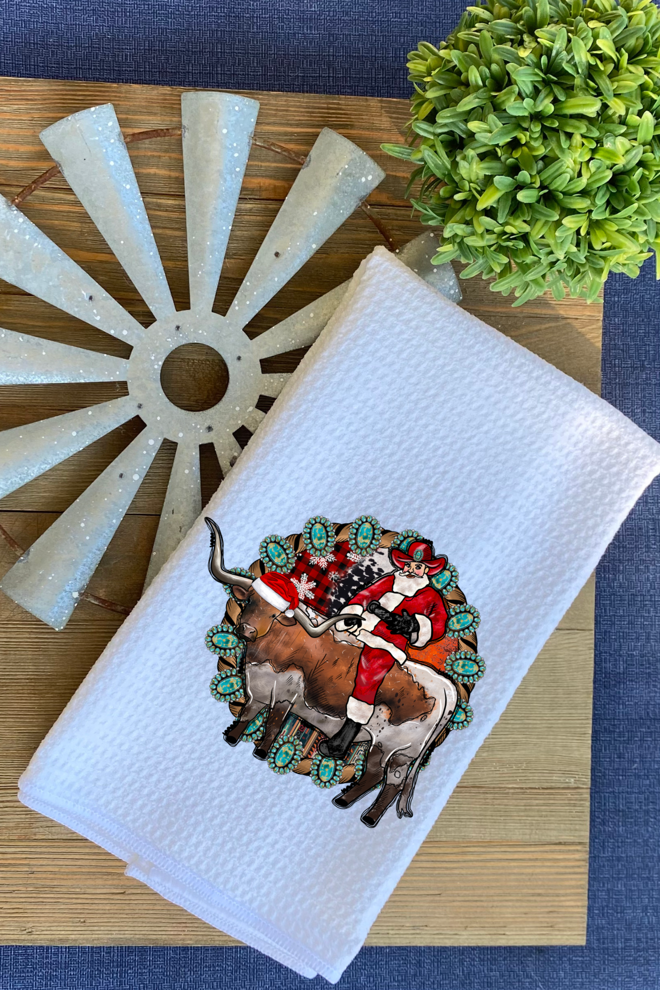 Dish Towel- Santa on Bull